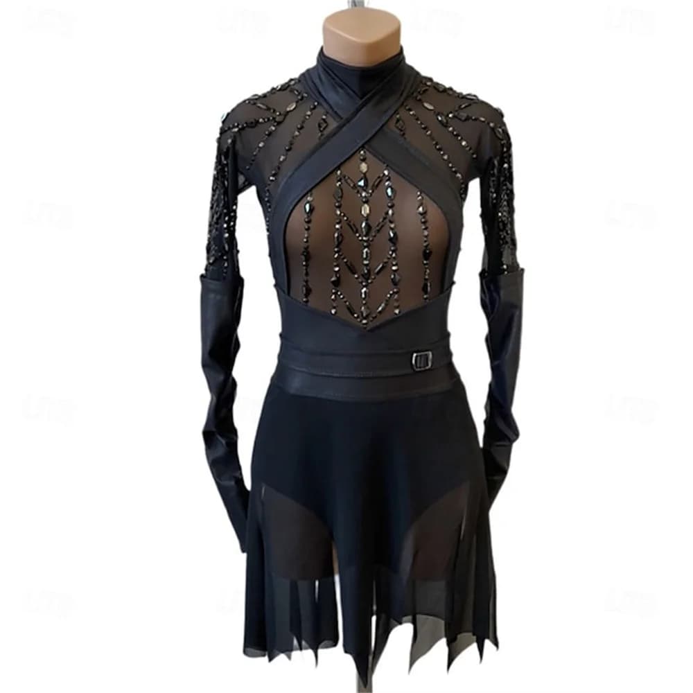 Abito da pattinaggio di figura Costume da ballo sul ghiaccio Donna Manica lunga Tessuto elasticizzato Pattinaggio Allenamento Abbigliamento da prestazione