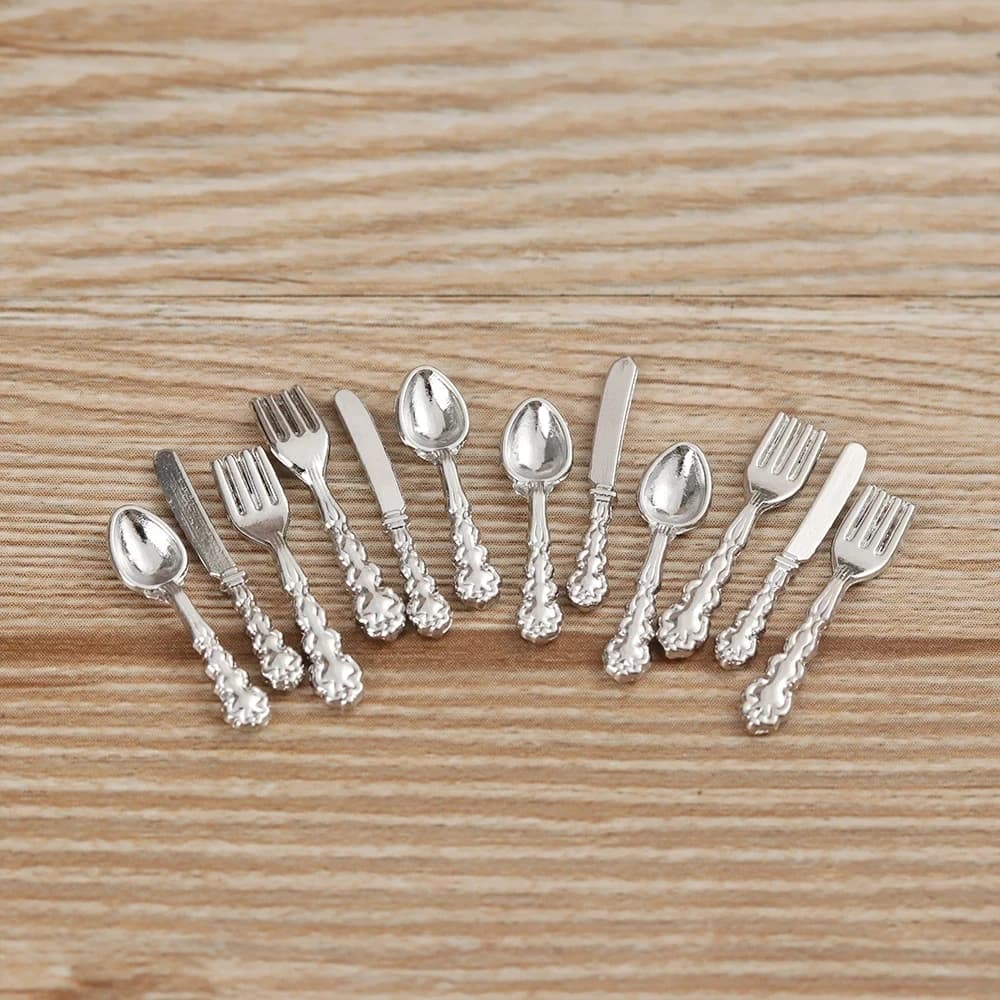 12PCS 1:12 Simulation Mini Cutlery Set Dollhouse Furniture 1:12 Scale Fork Knife Spoon Miniature Cookware Doll Accessories