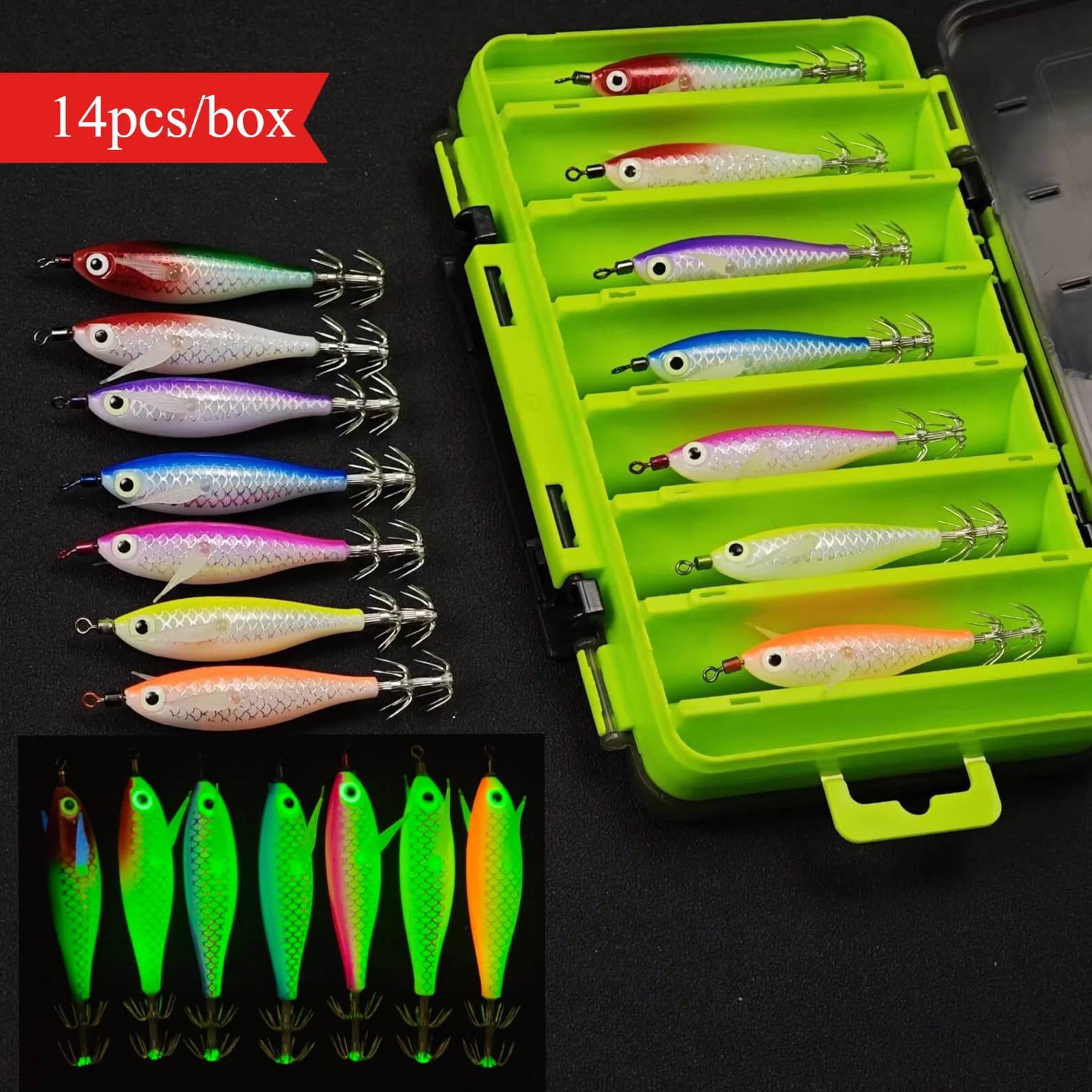 Set of 14 light baits for calamari Egi 8 cm, shrimp-shaped fishing baits in bright wood, horizontal baits for sepia and octopus with toolbox