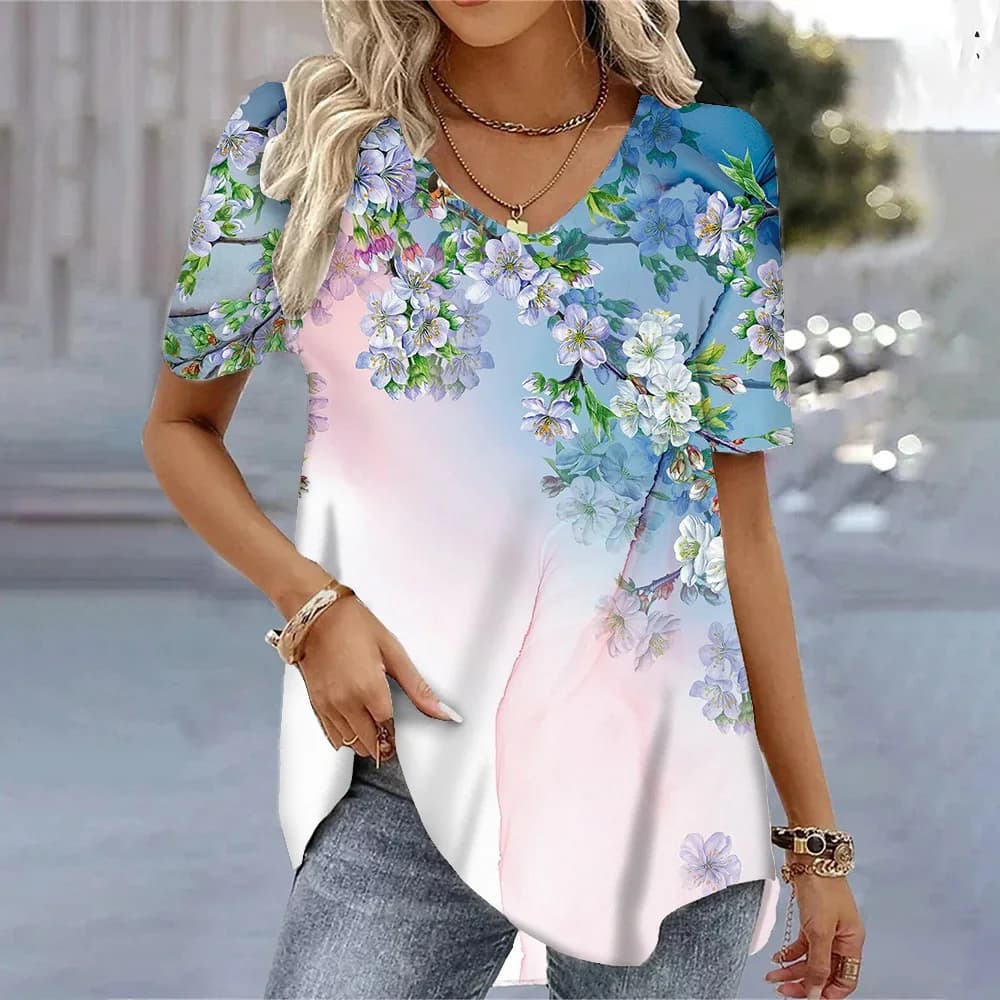 T-shirt estiva 2024 a maniche corte da donna elegante t-shirt a maniche corte stampate in 3D t-shirt oversize da donna giovanile