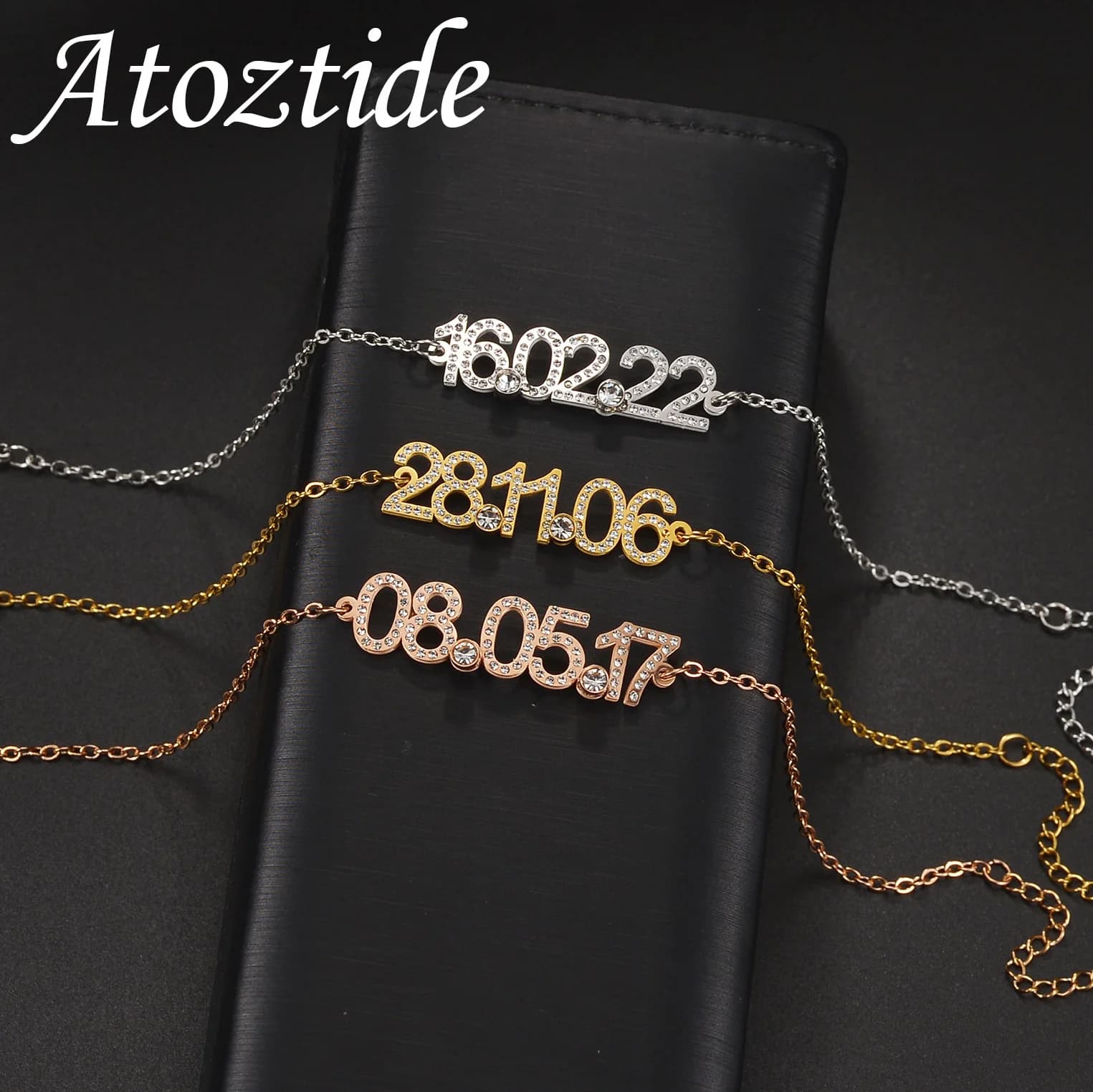 Atoztide Bracciale con nome zircone personalizzato per donna Pietra personalizzata Data Gioielli in acciaio inossidabile Targhetta Catena Regalo di compleanno
