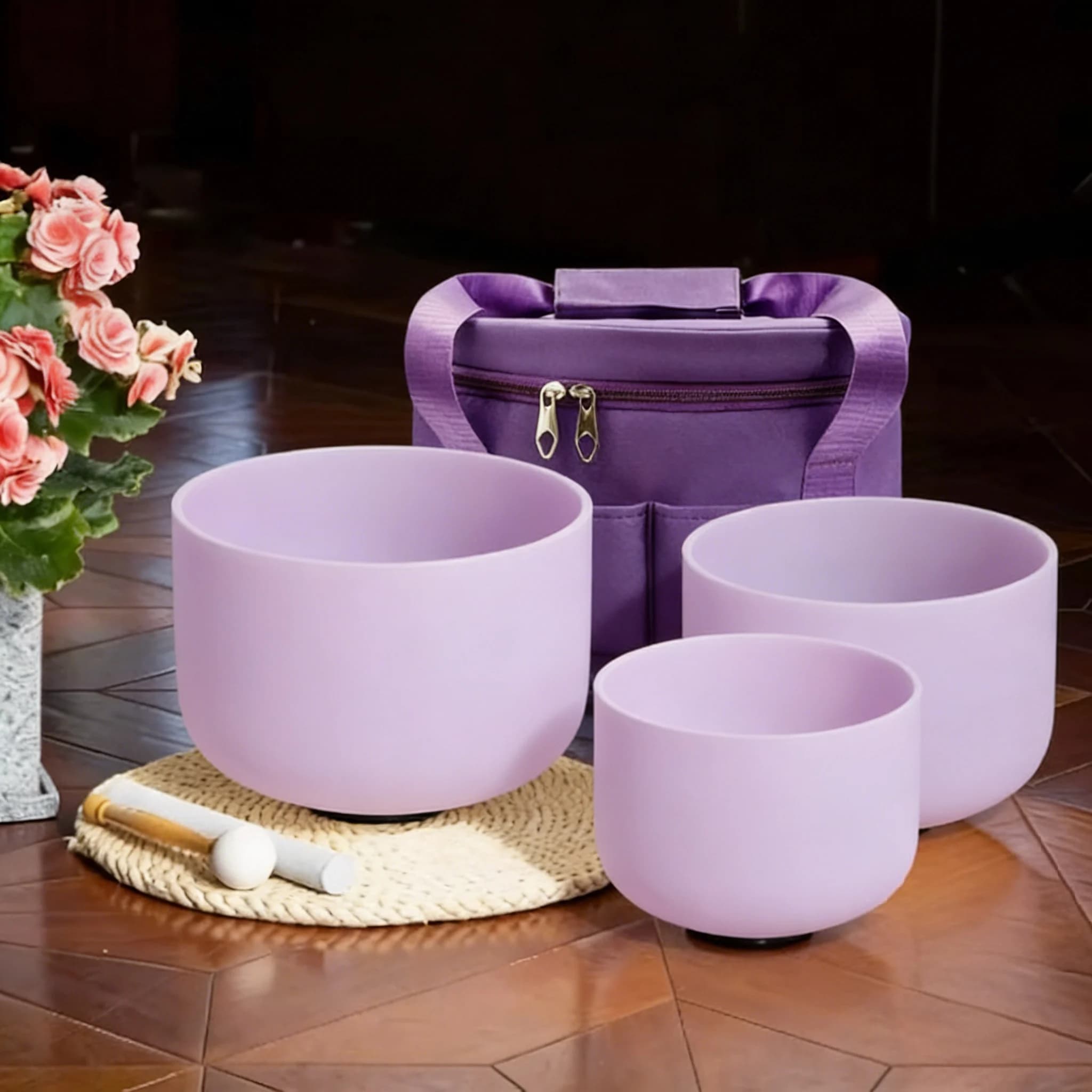 Hye-eun 6"B 8"G 10"E 3pcs Purple Chakra Meditation Bowl Quartz Crystal Singing Bowl Set for Sound Healing Relaxation with Bag