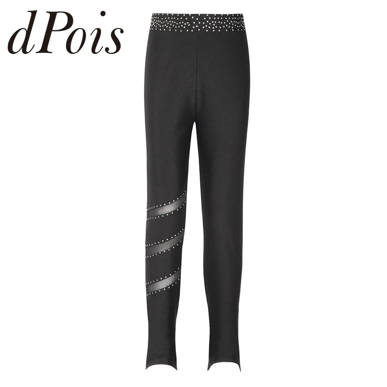 Pantaloni da ginnastica per bambini per ragazze pantaloni elastici in vita per bambini strass adolescenti Leggings per pattinaggio artistico con giuntura a rete trasparente