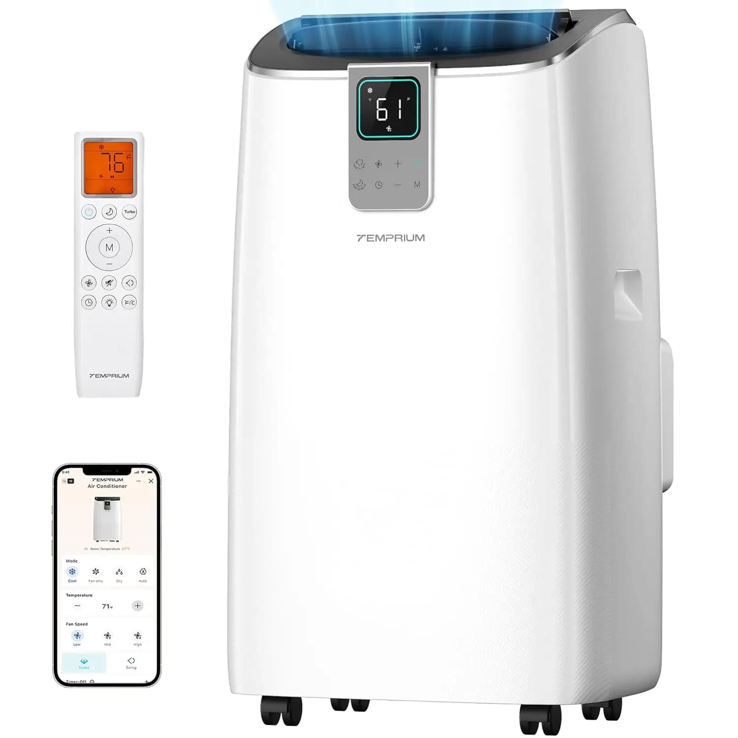 Condizionatore Portatile 4-in-1 da 12000 BTU con Ventilatore, Deumidificatore, Controllo APP e Vocale, per Aree fino a 55m², 41dB, Timer, Modalità Silenziosa, Personalizzabile