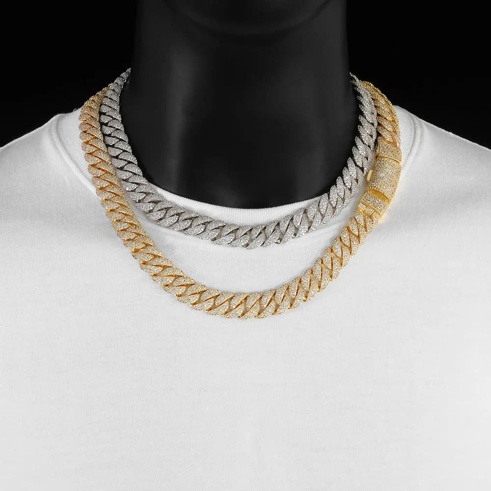 Collana Cuban Link da 14 mm a 3 file con diamanti incastonati, in ottone raffinato con zirconi brillanti, design alla moda con fibbia, gioielli Hip Hop
