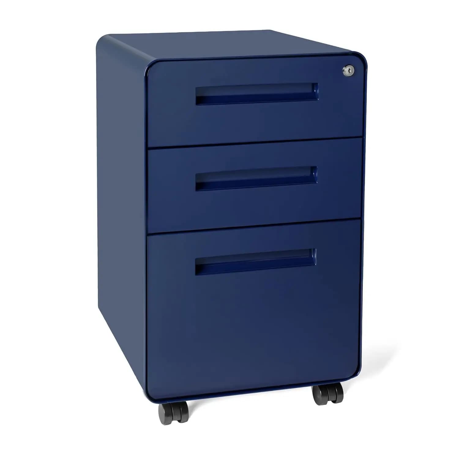 Armadietto Portadocumenti a 3 Cassetti con Serratura, in Metallo, Sotto Scrivania, per Cartelle Legali, con Ruote e Piedini, Preassemblato, Blu Navy, Personalizzabile