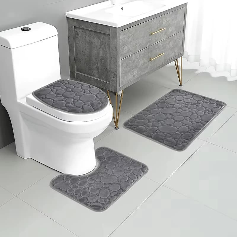 Set di 3 Tappetini da Bagno in Tinta Unita, Assorbenti e Antiscivolo, Motivo Effetto Pietra, Comodi e Morbidi
