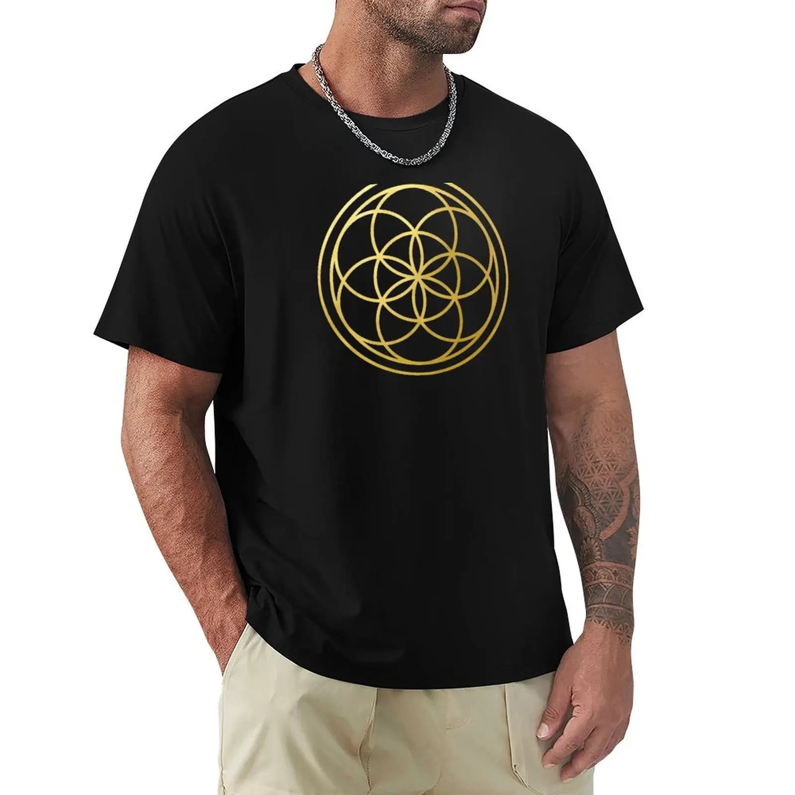 La Seme della Vita, mandala geometrico sacro in oro, simbolo esoterico, fiore della vita, T-shirt per festival e feste
