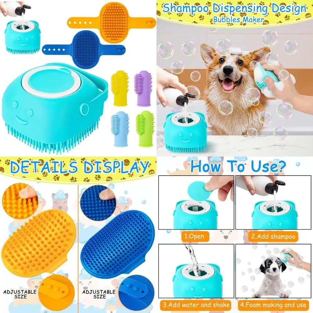 Spazzola da bagno per cani da 3 pezzi con spazzolino da denti da 4 pezzi, spazzola per scrubber e shampoo con manico ad anello regolabile, spazzola da doccia per lunghi e sho