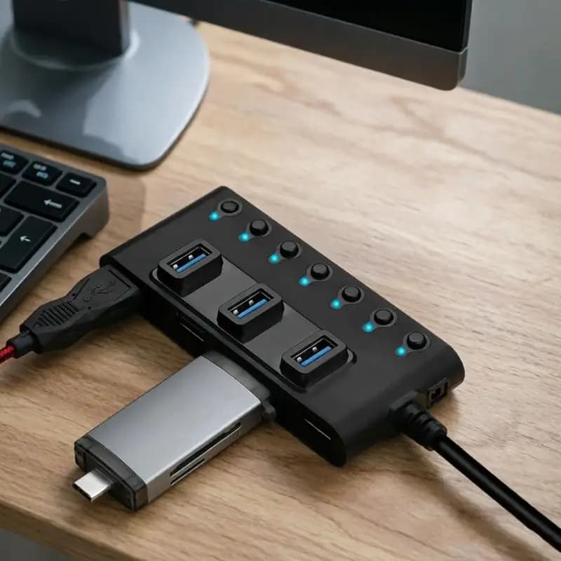 Desk Use USB Splitter with Button Control and Blue Light USB Hub 83CF