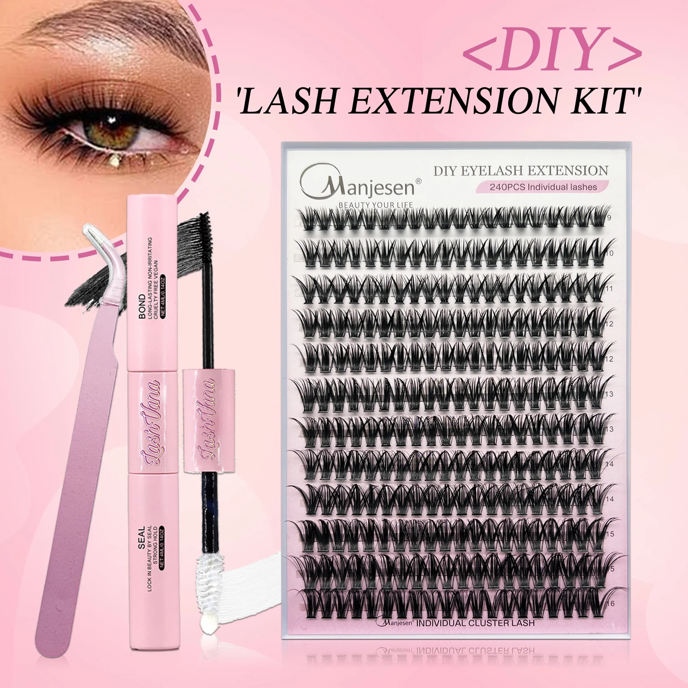 Extension Kit Fa-da-Te Eyelashes, Individual Eyelash Sets, Voluminous Fin Eyelashes and Blowjobs with Colla and Pinzetta, 240 Ciuffetti