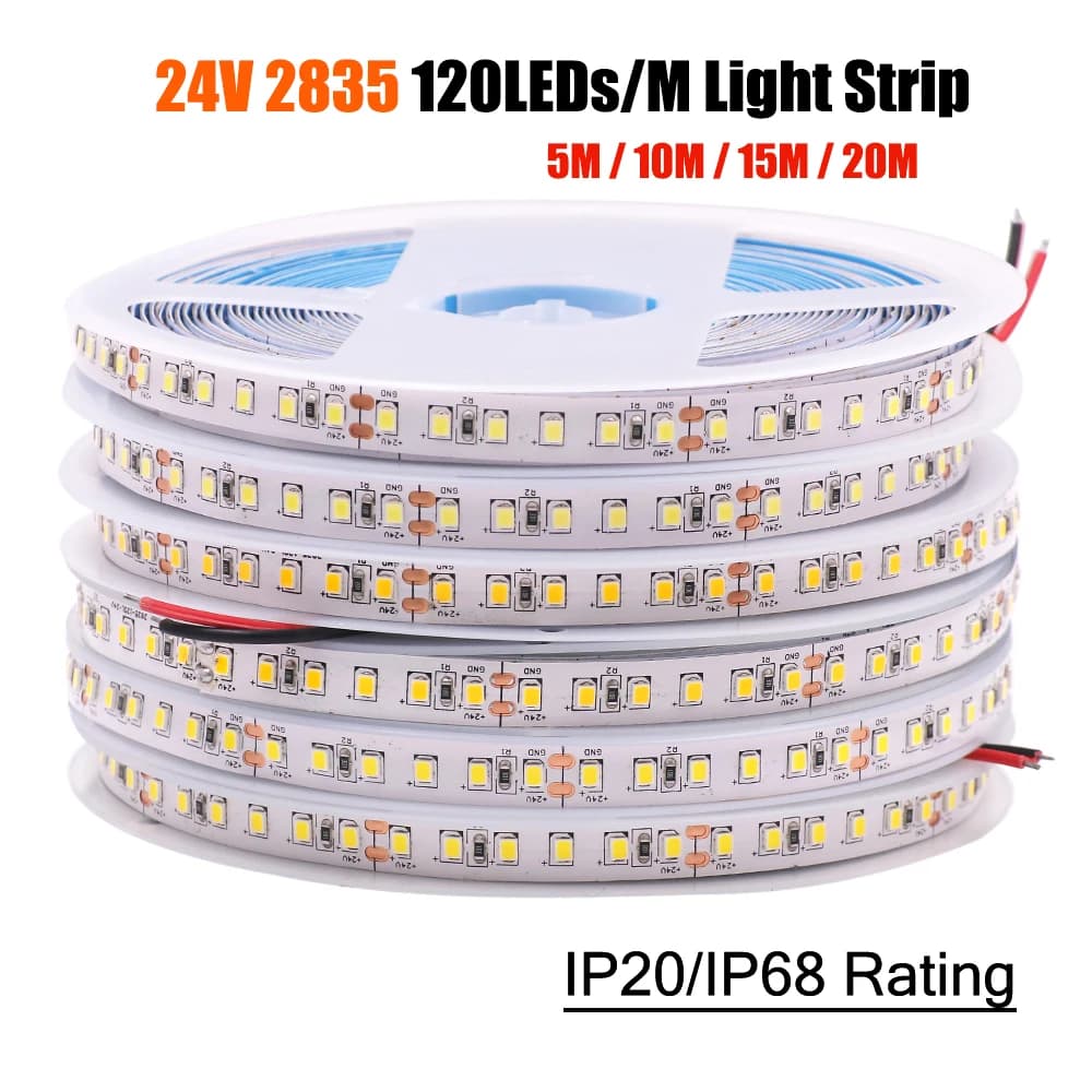 5M 10M 15M 20M 24V LED Strip Lights 2835 120LEDs/m IP20 Home Lamp Strip Warm/Natural/White IP68 Flexible Tape for Outdoor Garden