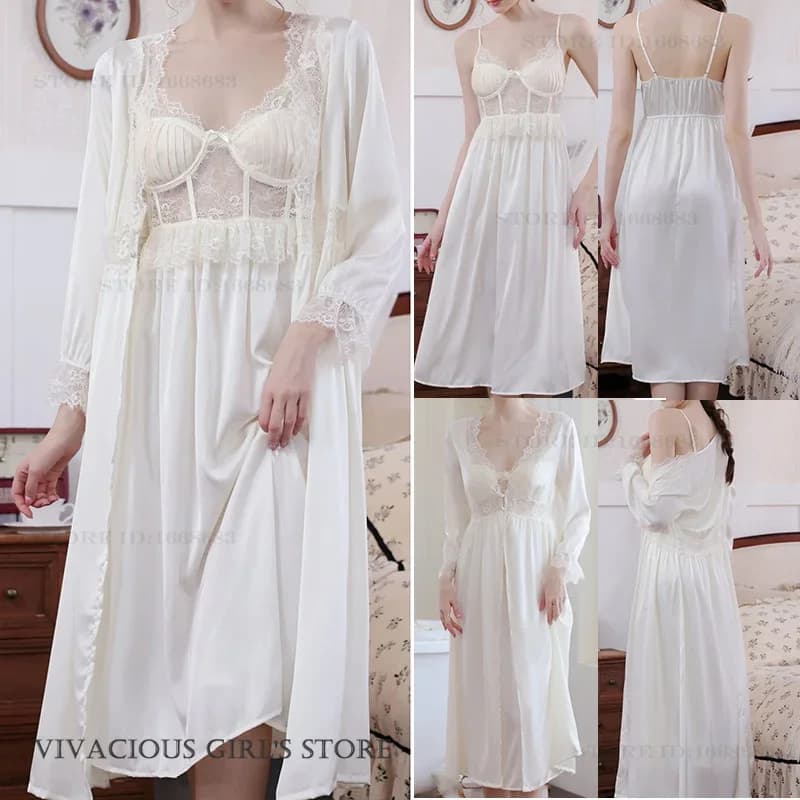 Elegante abito lungo Kimono Accappatoio Abito stile palazzo francese Indumenti da notte Twinset Robe Set Camicia da notte sexy in pizzo Lingerie Homewear