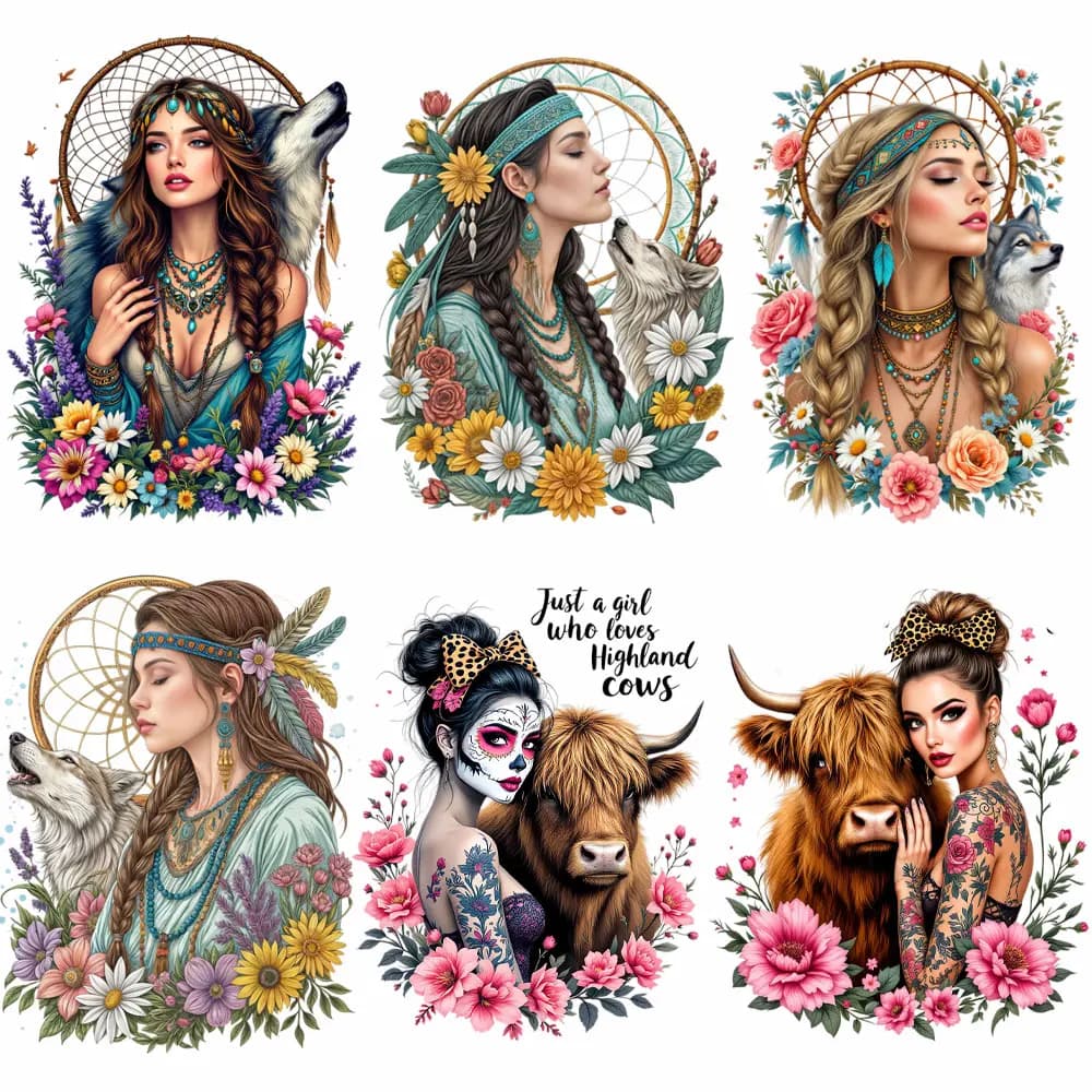 Dream catcher Women With Wolf Iron On Patches Beautiful Stickers DIY Woman T-shirt Custom Patch On Clothes Heat Transfer Vinyl