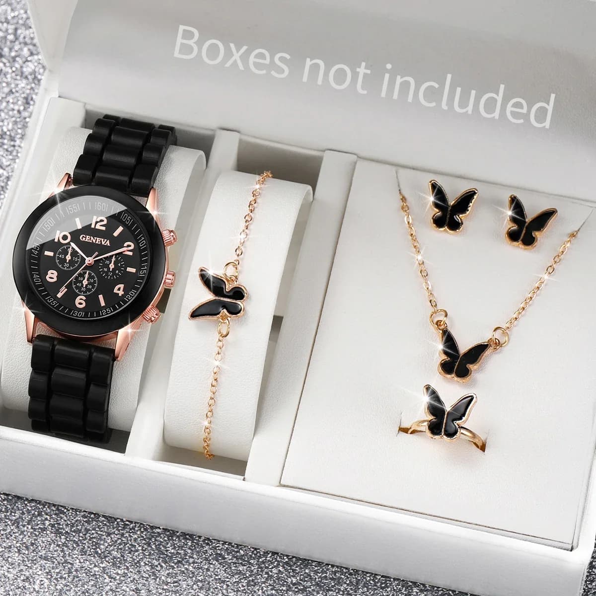 5/6PCS Fashion Women Watches Casual Silicone Band Ladies Quartz Watch Jewelry Set Relogios Feminino Girls Clock Gift（Without Box