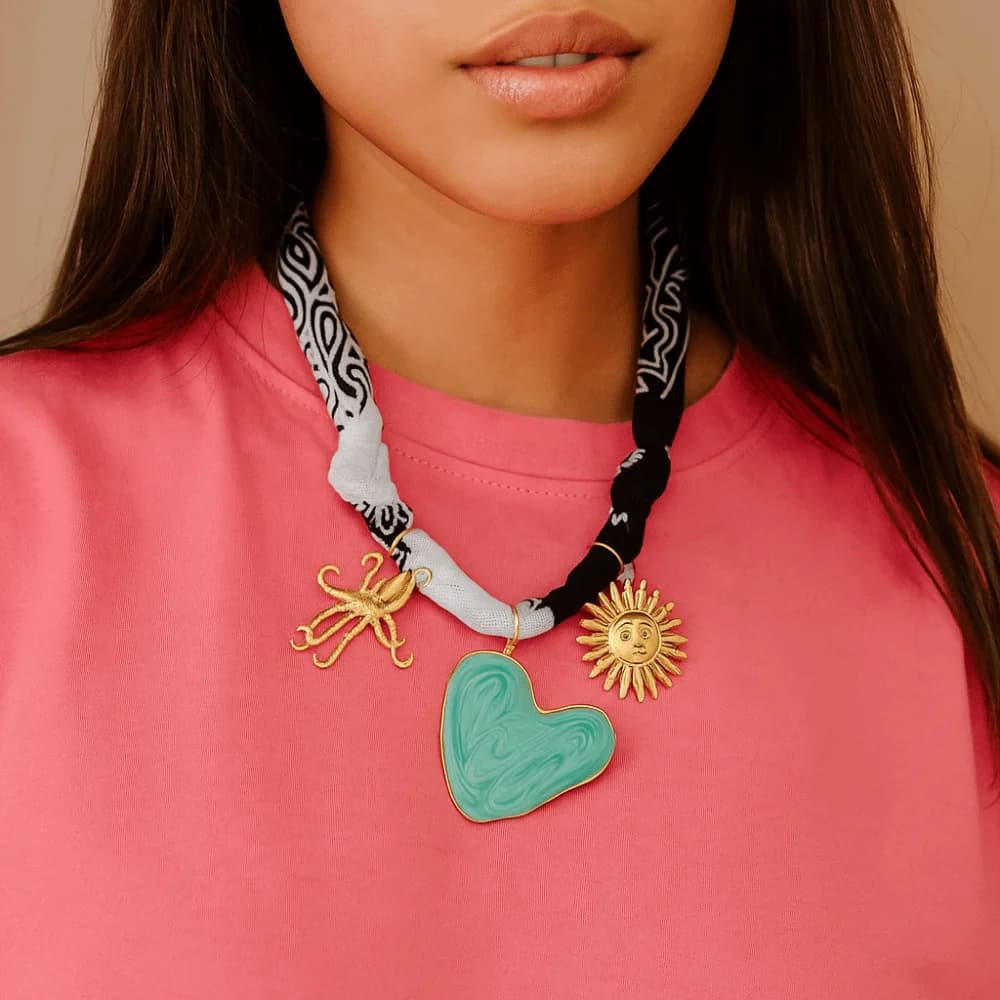 Collana a Catena con Sciarpa Floreale Personalizzata, Perline, Ciondoli a Forma di Organismi Marini, Choker in Corda di Nylon, Accessori Gioiello Stile Etnico