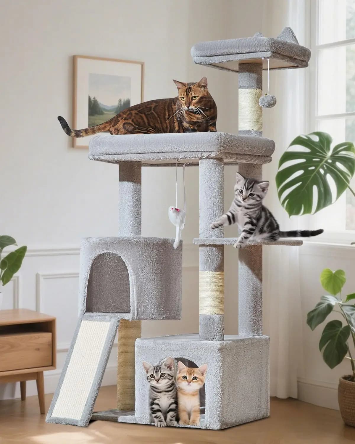 Tiragraffi per Gatti da Interno, Torre per Gatti Robusta da 140 cm, Ampia Piattaforma, Cuccia Rotonda Girevole con Grande Tiragraffi, Estensibile