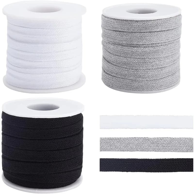 3 32.8 meter flat cotton cable rolls, 10 mm wide, 3 colors, with flat drawstring, with plastic garment coils