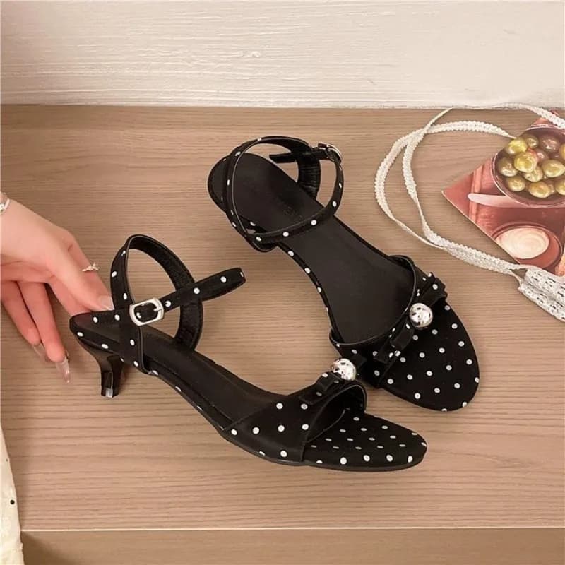 Women's Polka Dot Kitten Heel Sandals Ankle Strap Buckle Metal Decor Open Toe Summer Party Dress Shoes