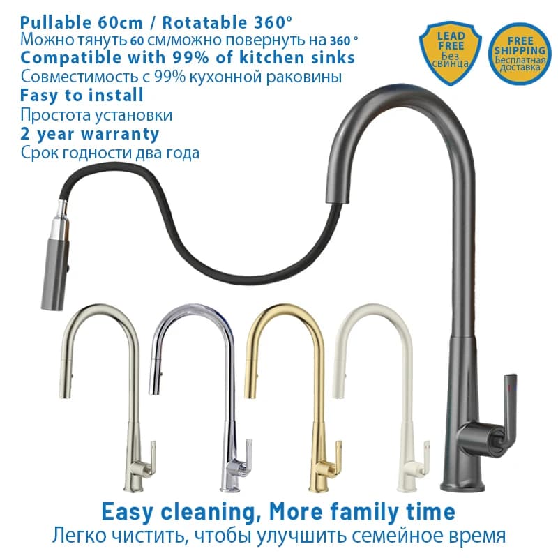 Rubinetto da cucina moderno di lusso estraibile Maniglia singola 360 Ruota spruzzatore a flusso Rubinetto per lavello da cucina Miscelatore in ottone caldo freddo Rubinetto per acqua Rubinetto d'acqua per cucina,