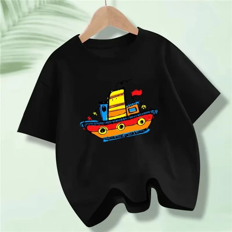 Cute Kids Cartoon Boat Graphic T Shirt Vibrant Steamship Print Short Sleeve Tee For Boys Daily Casual Outfit