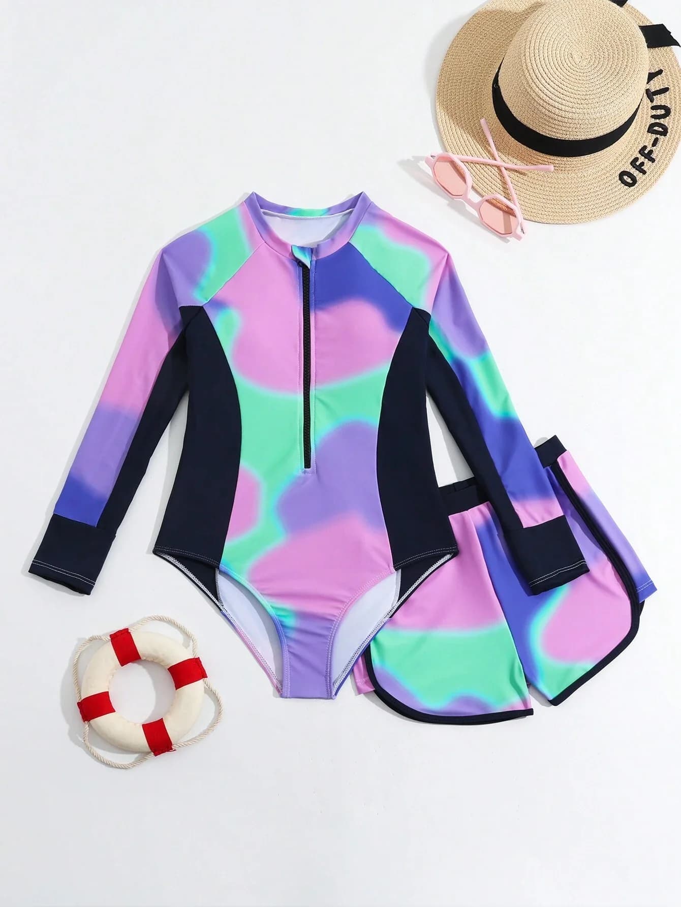 Costume da bagno intero colorato a maniche lunghe con pantaloncini da bagno estivi