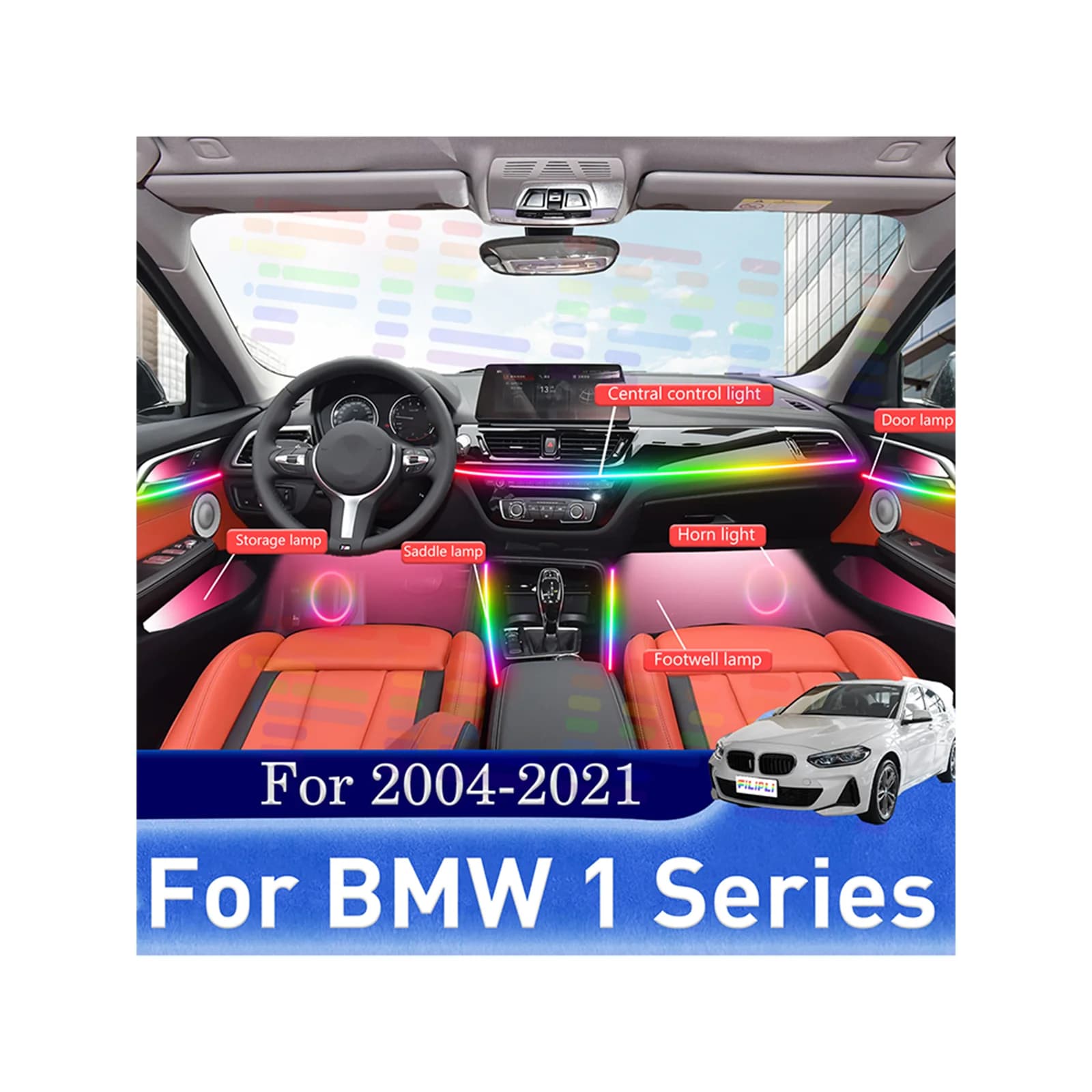 Kit 20 in 1 per BMW Serie 1 E81 F20 F40 E82 E87 E88 F21, Luci Ambientali LED per Auto, Illuminazione Atmosferica Colorata, Strisce Neon per Interni Auto con Controllo APP