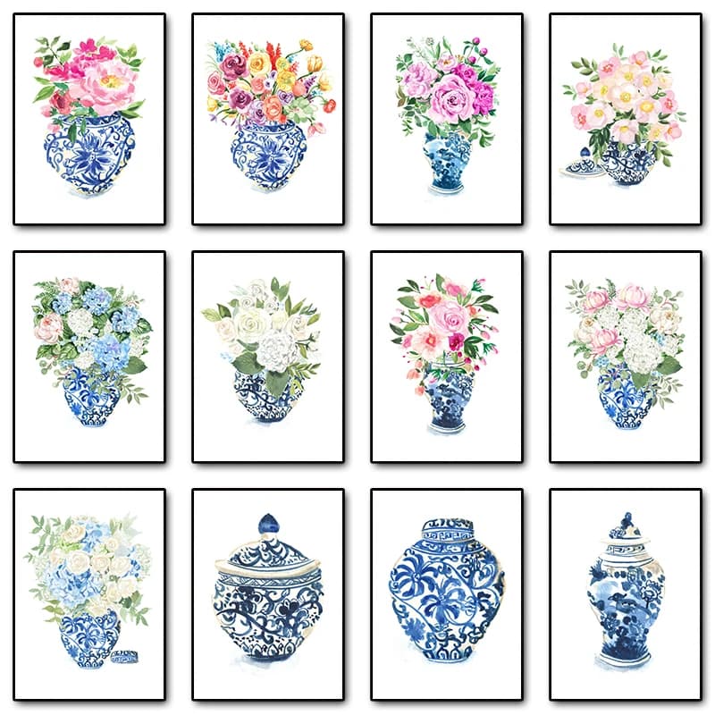 Blue and White Ginger Jar Peony Hydrangea Flower Posters Prints Diamond Painting Chinoiserie Wall Art Picture for Room Home De
