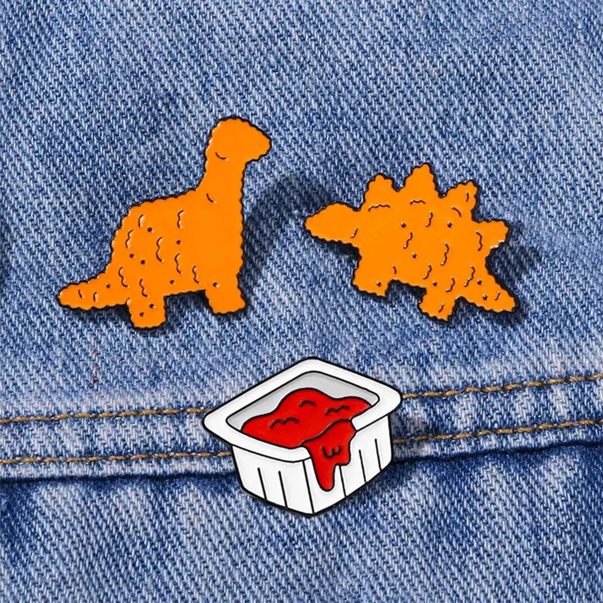 3PCS Cute Dinosaur Enamel Pin Set, Cartoon Style Dipping Sauce Dinosaur Brooch, For Backpacks And Denim Jacket Clothing
