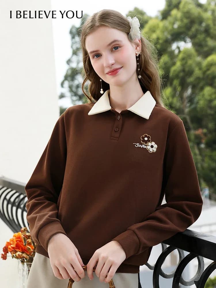 I BELIEVE YOU Pullover larghi ricamati con fiori in velluto con paillettes per donna 2024 Autunno Colletto polo con spalle scoperte 2244195837