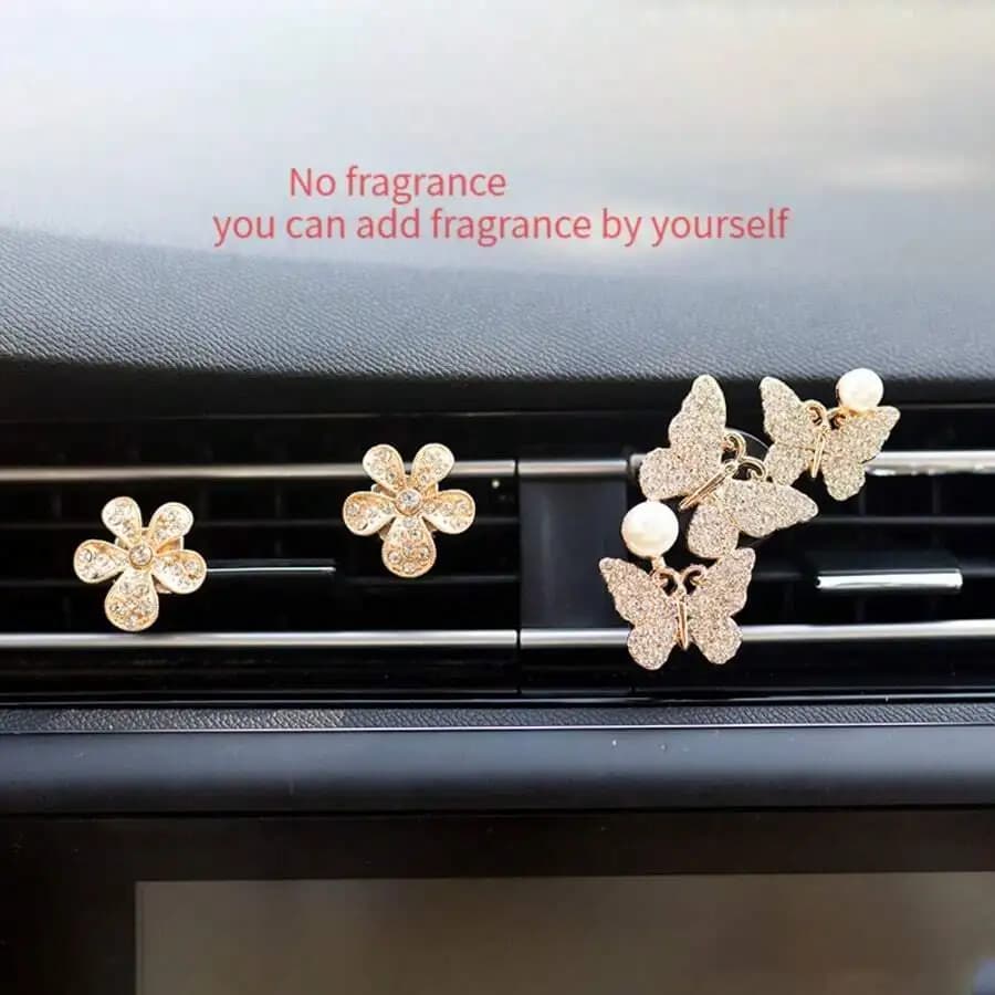 3 pezzi di accessori decorativi per la presa d'aria dell'auto con strass a forma di farfalla e fiore