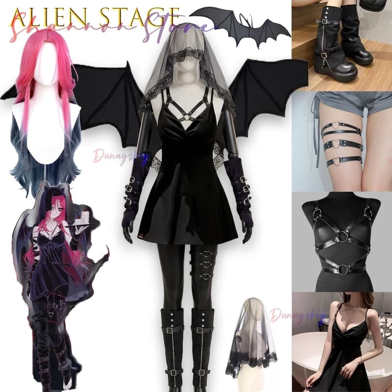 Parrucca Cosplay Mizi Sfumata a Tema Angelo e Diavolo per Collaborazione Ristorante Alien Stage, Abito in Pelle Scavato Stile Punk Sexy
