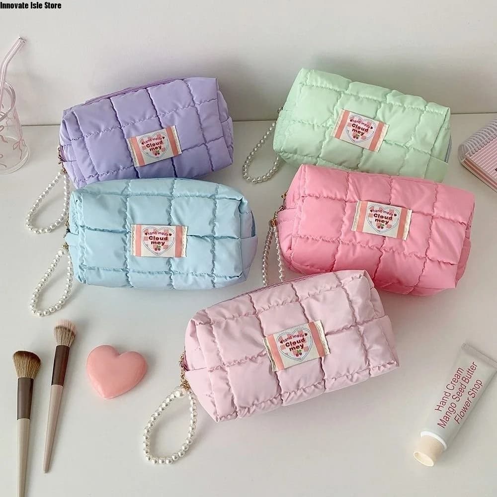 Pen Bag Korean Style Stationery Bag with Pearl Lanyard Quilted Storage Bag Korean Pencil Case Candy Color Large Capacity
