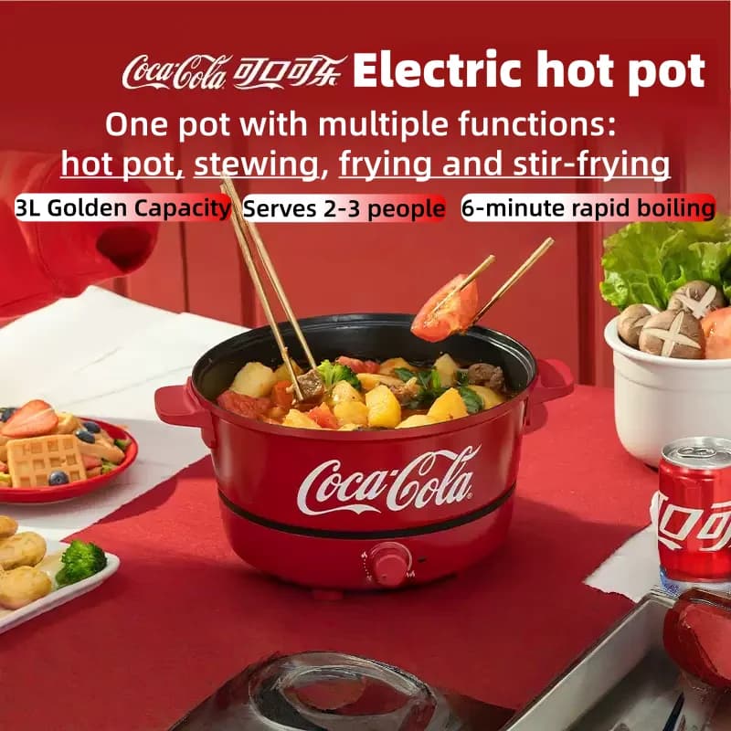 Coca Cola Electric Hot Pot 3L Non-Stick Pot 220V Fast Rapid Boil Multi-Function Stewing Frying Stir-Frying Home For Kitchen Gift