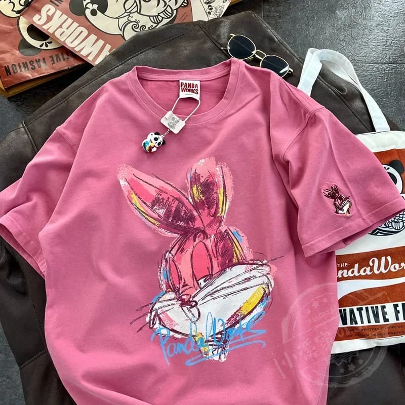 Nuova T-shirt Estiva Coreana con Stampa di Coniglio Cartoon, Manica Corta, Collo Tondo, in Cotone, per Donna