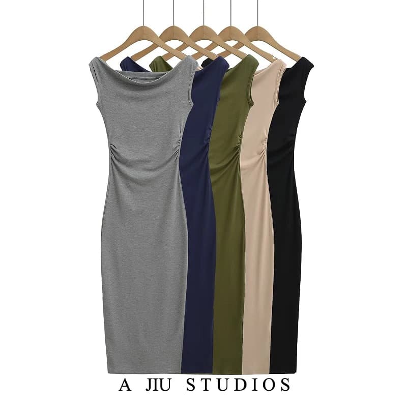 Abito lungo sexy monospalla da donna, plissettato, con vita aderente, snellente, estivo, che valorizza la figura, con spacco e girovita avvolgente