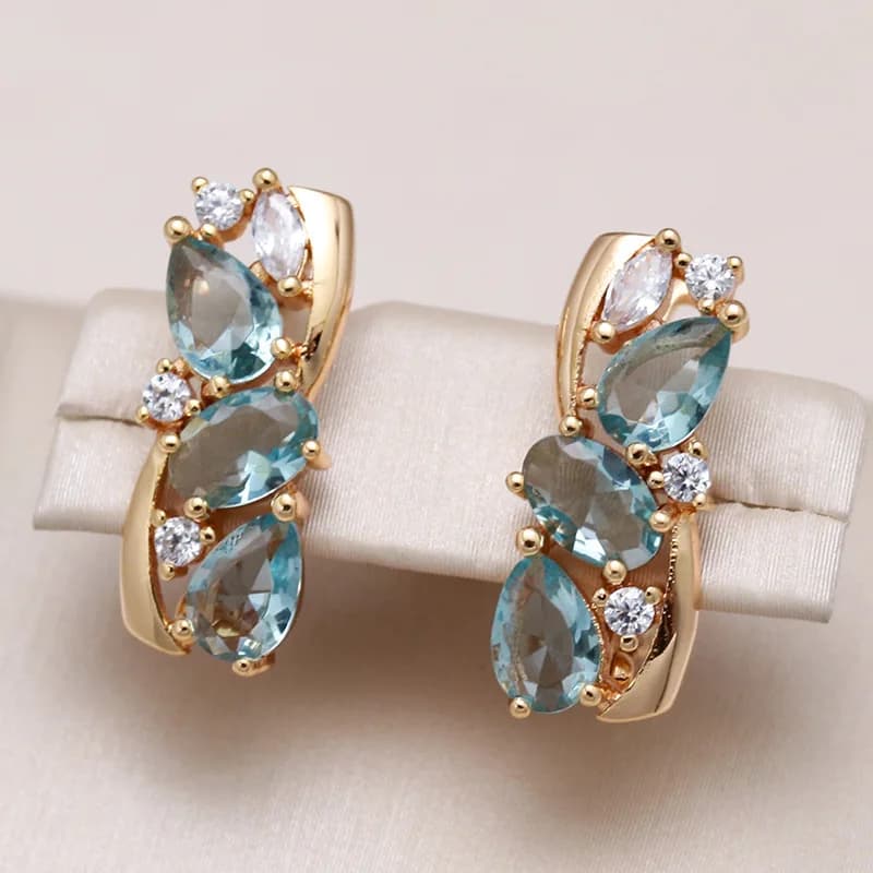 Gorgeous Gold Color Sea Blue CZ Hoops Earrings Woman Water Droplet Party Daily Wear
