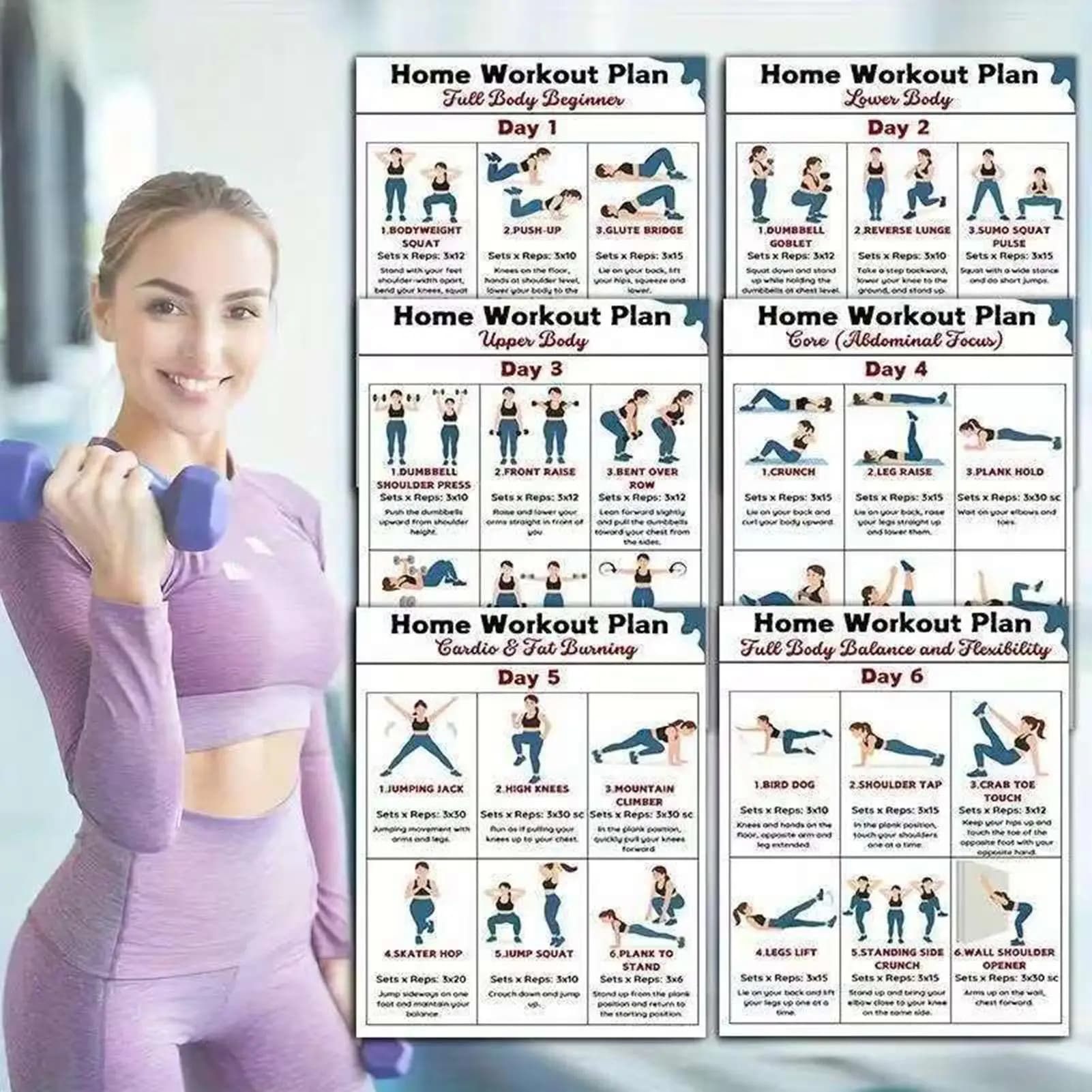 6 pezzi Yoga manubri stretching allenamento poster allenamento poster per dormitorio ufficio palestra di casa corpo completo palestra di casa guida fitness 10x8"