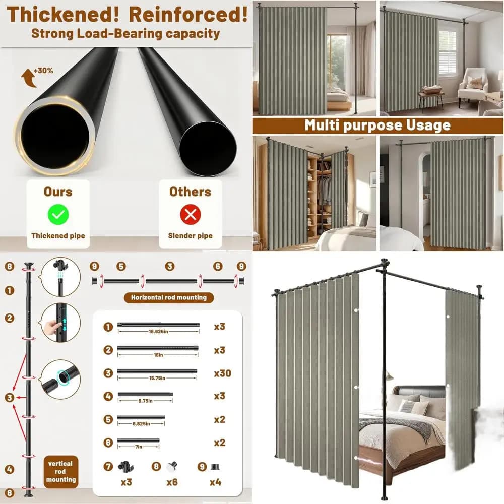 Double Grigie Curtains Privacy Panel with Acoustic Insulation and Insulation, Without Drilling Rods, Ideal for Rooms, Studies and Offices