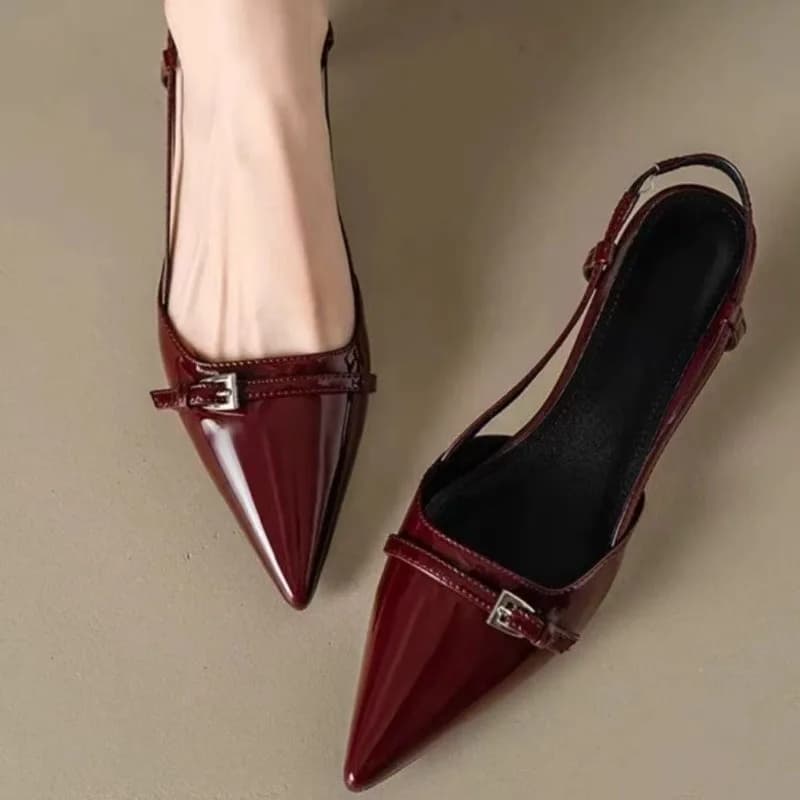 Nuove Scarpe Estive da Donna in Pelle Verniciata, Sandali Slip-on a Punta con Fibbia, Tacchi Medi, Sandalias Mujer