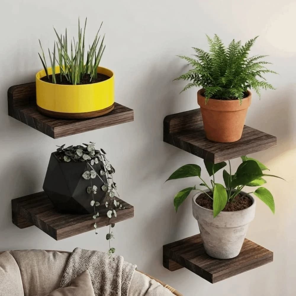 4PCS Wood Small Floating Shelves Simple Decorative Wall Mounted Shelves Rustic Plant Display Rack Flower Racks Garden Decor