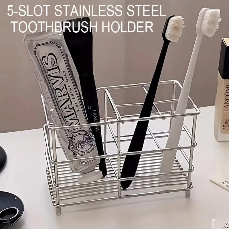 5-Slot Stainless Steel Toothbrush Holder - Space-Saving Freestanding Design, No Installation Required, Ideal for Bathrooms