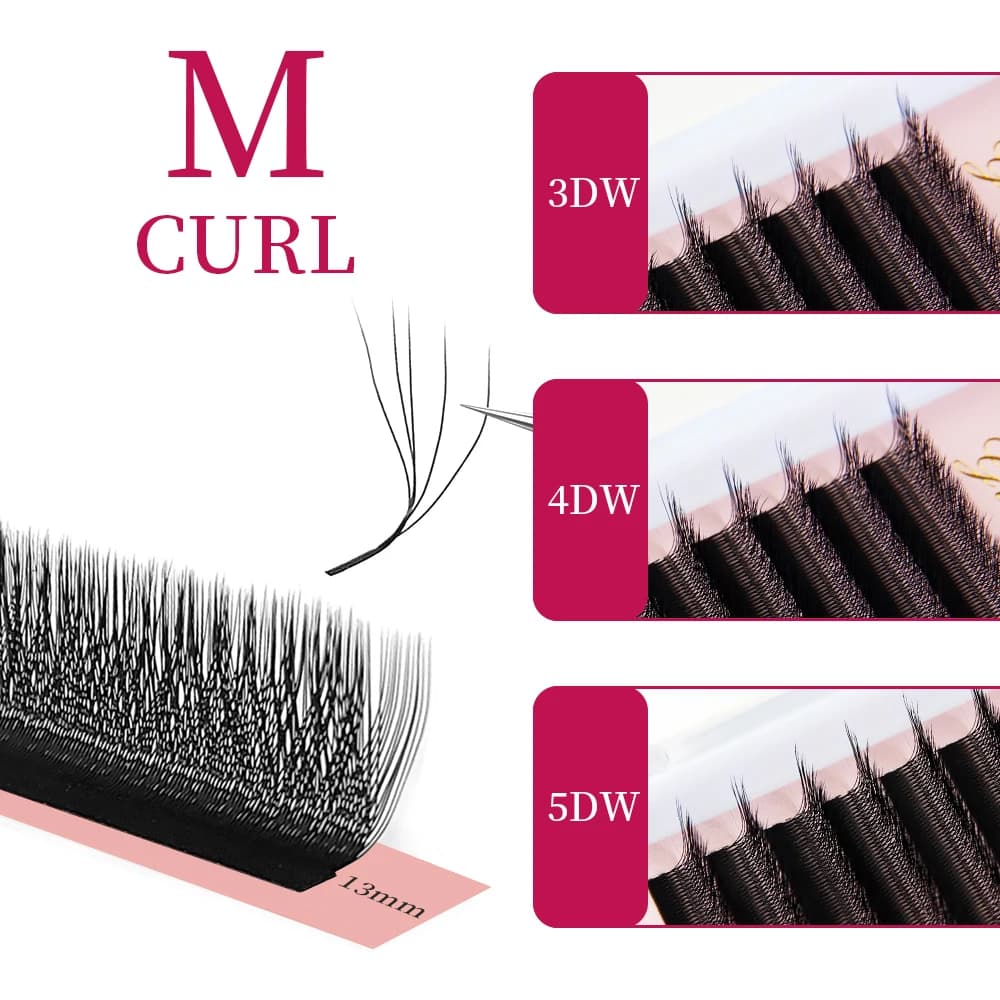Extension ciglia Goddess W3D 4D 5D M Curl, stile W, in visone sintetico, naturali, morbide, effetto Bloom, volume pre-assemblato