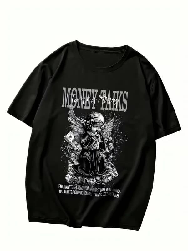 Streetwear Black Graphic Print T-shirt Men's Short Sleeve Vintage "MONEY TALKS" Cherub Angel Money Pile Design Tee Cotton Summer Top