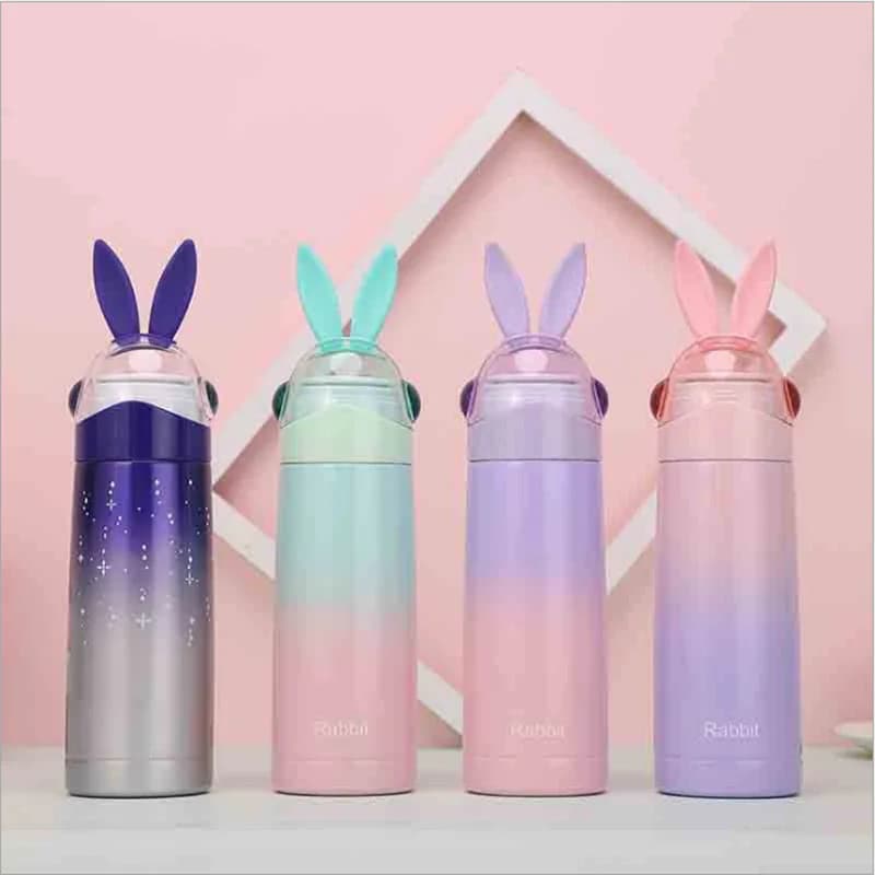Cute Bunny Ear Insulated Water Bottle Gradient Color 304 Stainless Steel Vacuum Flask Portable Leak-Proof Travel Mug For Girls
