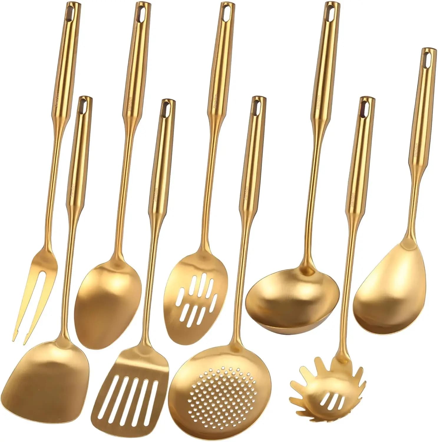 Set di Utensili da Cucina Dorati - 9 Pezzi in Acciaio Inossidabile con Forchetta, Cucchiai, Spatola, Mestolo