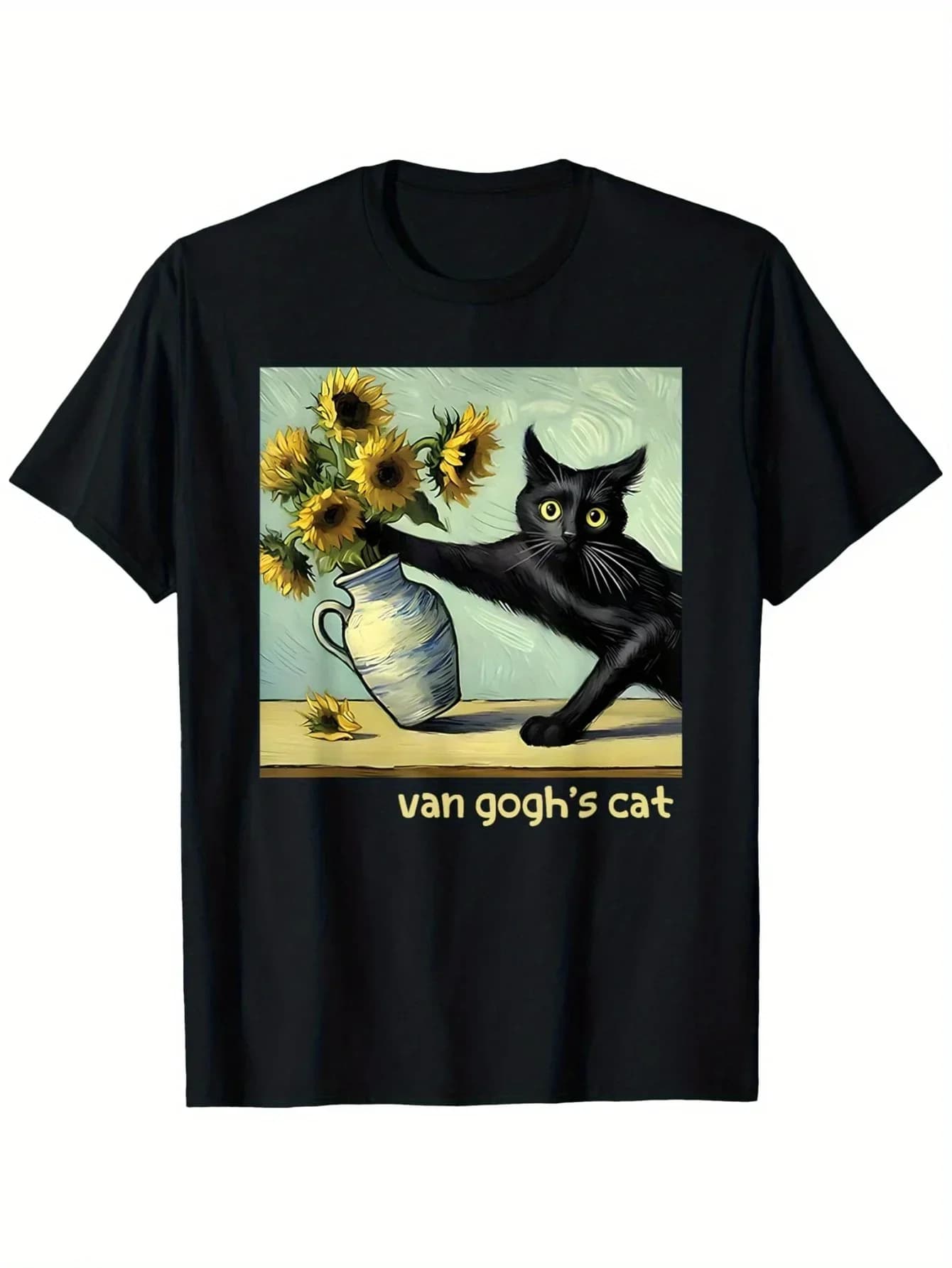 Maglietta da donna vintage Bella donna floreale Van Gogh Gatto nero Girasoli Maglietta artistica per i fan Estate Primavera
