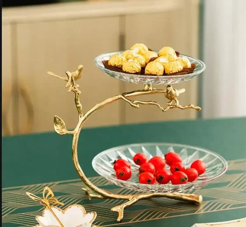 Piatto di frutta in vetro e ottone a 2 strati Supporto per torta Vassoio di caramelle Piatto da dessert Piatti per snack Vassoio di rinfresco Piatto Dim Sum Piatto di frutta secca