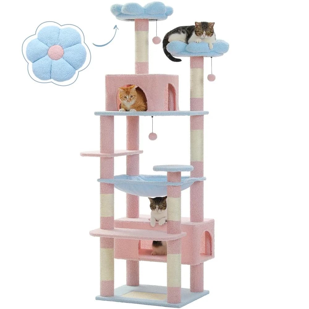 Albero per Gatti con Fiori, 183 cm, Grande Torre per Gatti con Struttura in Acciaio, Amaca e 7 Tiragraffi, Albero Alto per Gatti, Personalizzabile