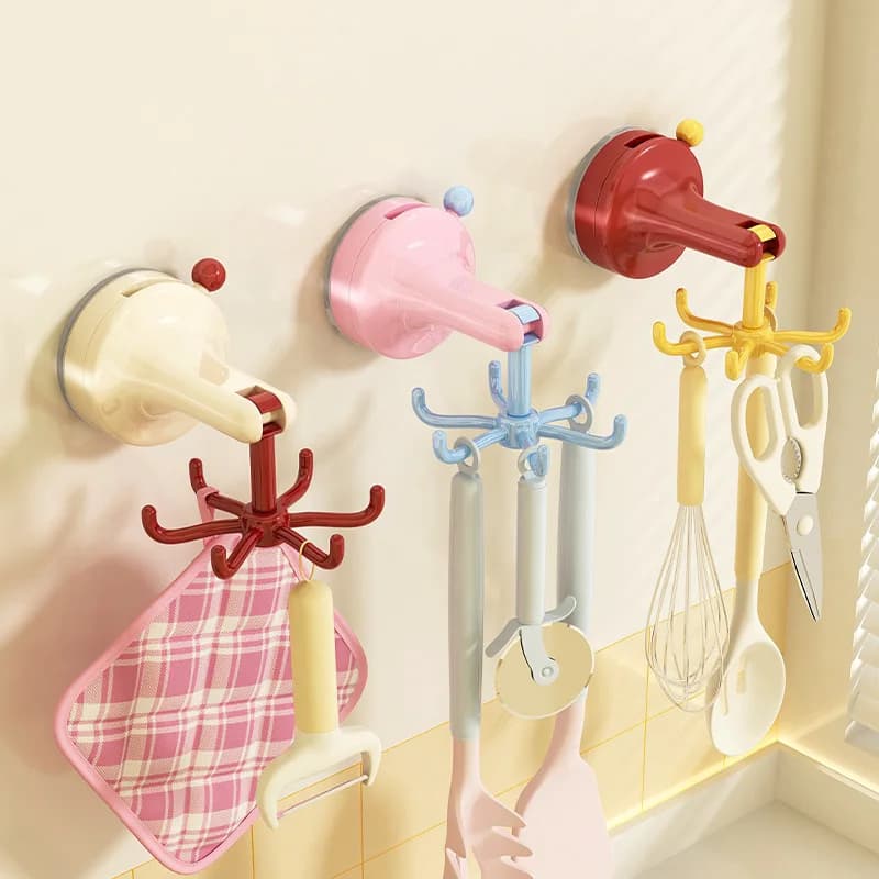 Suction Cup Rotating Kitchen Hook No Drill Cabinet Utensil Hanger 6 Claw Wall Mount Spatula Spoon Storage Rack Kitchen Organizer